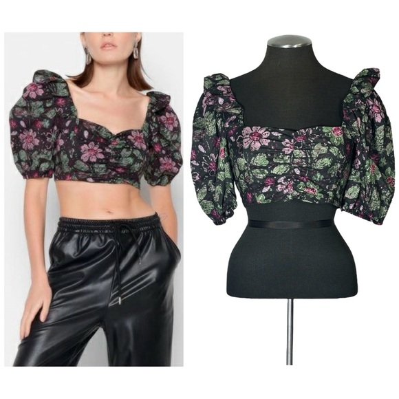 Zara Tops - Zara – Floral Puff Sleeve Square Neck Cotton Blend Crop Top - Extra Small XS